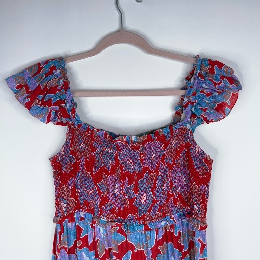 Love the Label Red Blue Floral Midi Dress Square Neck Smocked Tiered Cotton - Picture 6 of 11